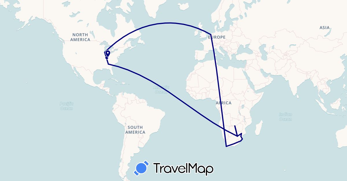 TravelMap itinerary: driving in Netherlands, Swaziland, United States, South Africa, Zambia (Africa, Europe, North America)